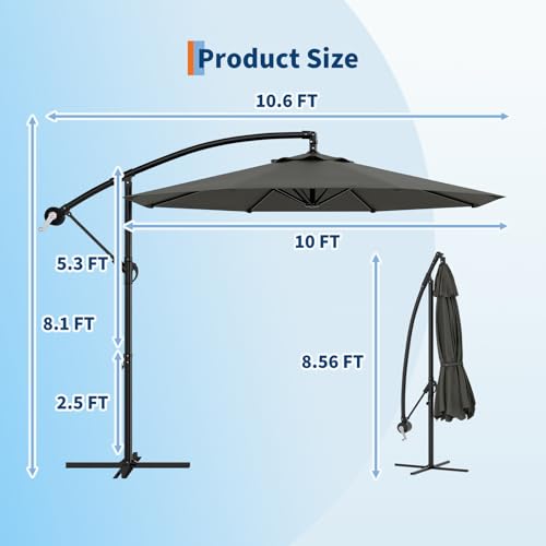 10FT Cantilever Umbrella outdoor patio, Offset Patio Umbrella with Easy Lift & Tilt Adjustment, UV Protection Fade Resistant for Deck, Pool, Garden, Gray