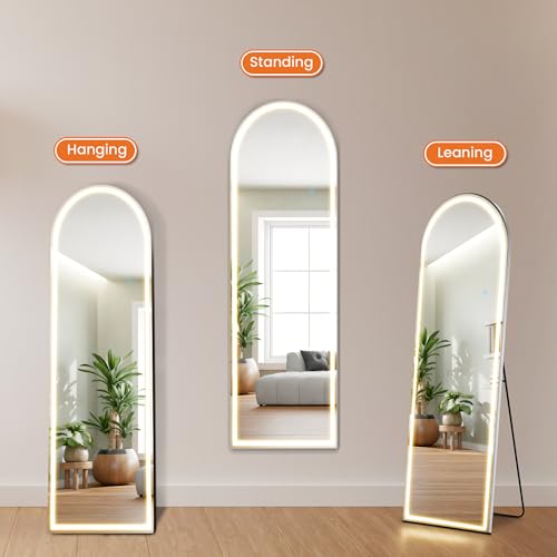 Sweetcrispy Full Length Mirror with LED Lights, 60"x16" Lighted Floor Mirror with Dimming & 3 Color Lighting, Stand for Bedroom, Dressing Room, Arched