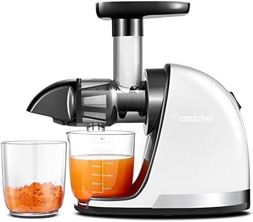 Cold PressJuicer,AMZCHEF Slo Masticating Juicer Machines with Reverse Function, High Juice Yield, Easy Clean with Brush,Recipes for High Nutrient Fruits and Vegetables, White(Updated)
