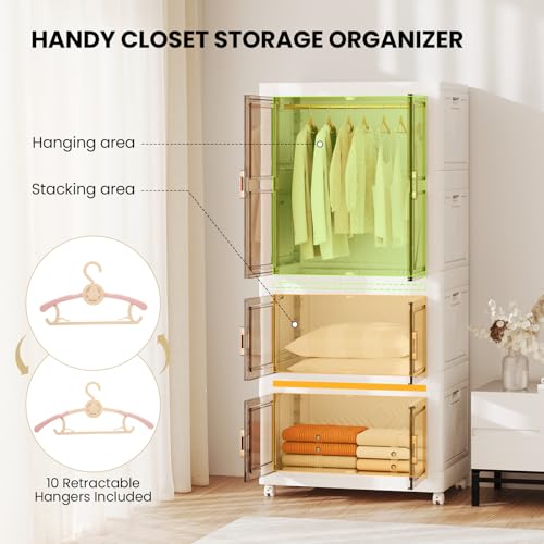 Image of COSTWAY Portable Wardrobe with 10 Retractable Hangers, 421L Foldable Plastic Clothes Cabinet with Doors and 4 Wheels, Mobile Collapsible Stackable Storage Boxes Containers Closet Organizer for Bedroom