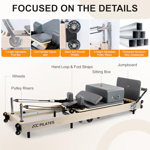 Image of Pilates Reformer, Maple Wooden Foldable Pilates Reformer Machine with 6 Springs,Sitting Box, Padded Jump Board, Quick-Assembly for Home Workouts Studio Yoga
