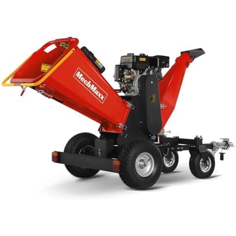 MechMaxx 6 inch ZONSEN 459cc 15hp E-Start Gas Powered 4-Wheels Wood Chipper Shredder Mulcher with Towbar/Tail Light/Emergency Stop Button/Stop Bar, Model B150 Red Cover