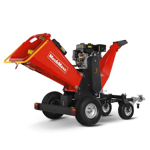 MechMaxx 6 inch ZONSEN 459cc 15hp E-Start Gas Powered 4-Wheels Wood Chipper Shredder Mulcher with Towbar/Tail Light/Emergency Stop Button/Stop Bar, Model B150 Red