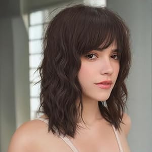MINLEE Brown Wig with Bangs for Women 14 Inch Short Bob Wavy Curly Wig Brown Hair Wigs Natural Looking Heat Resistant Synthetic Wigs