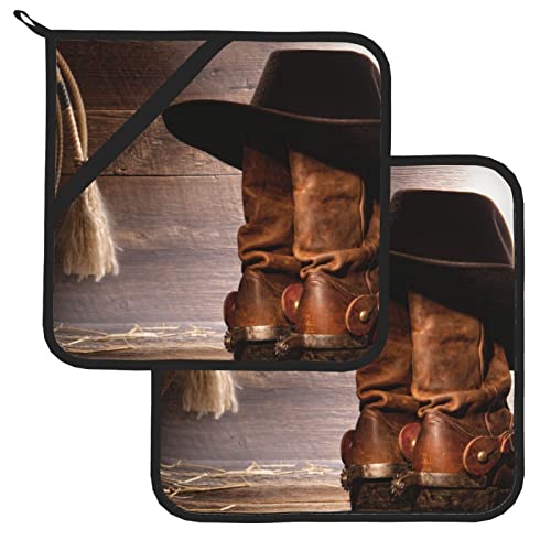 Cowboy Black Hat Western Boots Printed Pot Holders Set Of 2 Kitchen Heat Resistant Potholder Non Slip Oven Hot Pads For Cooking Baking Bbq #TOP2