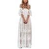 MERMAIDS-CLOSET-Womens-Casual-Off-Shoulder-Maxi-Dress-White-Lace-Sleeve-Beach-Dresses MERMAID'S CLOSET Womens Off Shoulder Embroidered Lace Maxi Dress Boho White Wedding Guest Party Maternity Photoshoot Dresses