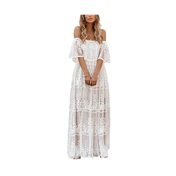 MERMAIDS-CLOSET-Womens-Casual-Off-Shoulder-Maxi-Dress-White-Lace-Sleeve-Beach-Dresses MERMAID'S CLOSET Womens Off Shoulder Embroidered Lace Maxi Dress Boho White Wedding Guest Party Maternity Photoshoot Dresses