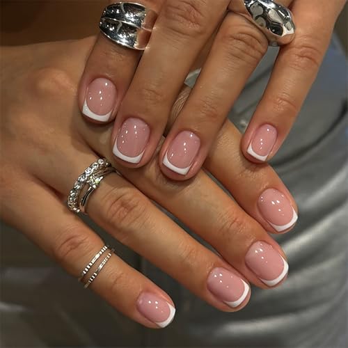 Short False Nails French Tip - 24pcs Short Square Press on Nails - French Tip Stick on nails - Nude Pink Fake Nails with Glue - Full Cover nail Tips Glue on Long Lasting for Women Girls