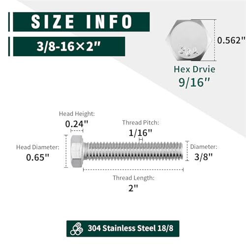 Image of (6 Sets) 3 /8-16 x 2 Hex Bolt and Nut Kit, 304 Stainless Steel (18-8), Fully Threaded, Flat & Lock Washers Included