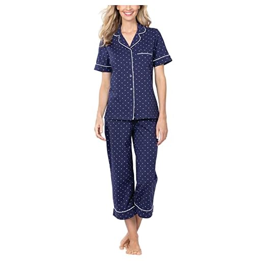 PajamaGram Capri Pajamas for Women - Cotton PJs Women, Polka Dot, Navy, L, 14-16