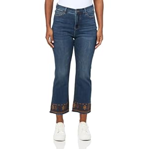 John-Mark Women’s Petite Five-Pocket Denim Pant with Embroidered Hem