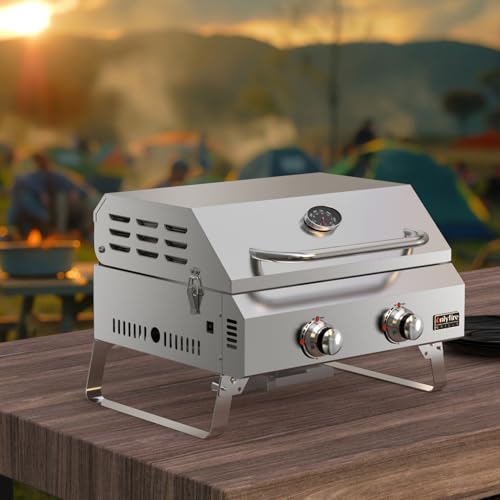 onlyfire Tischgasgrill 2 Edelstahlbrennern, Tischgrill mit Deckel, Grillrost, Thermometer, Kleiner Gasgrill für Balkon Camping Garten, 4.7 kW, Grillfläche 46x35cm, BBQ Tragbarer Tisch Gasgrill