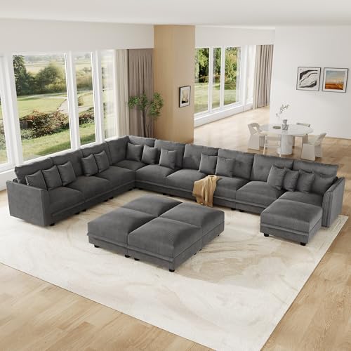 Image of LLappuil 14-Seat Modular Sectional Sofa with Storage, 163 inch Oversized U-Shaped Corduroy Couch with 10 Throw Pillows, Pet-Friendly Convertible Pit Sofa for Large Spaces, Skin-Friendly, Grey