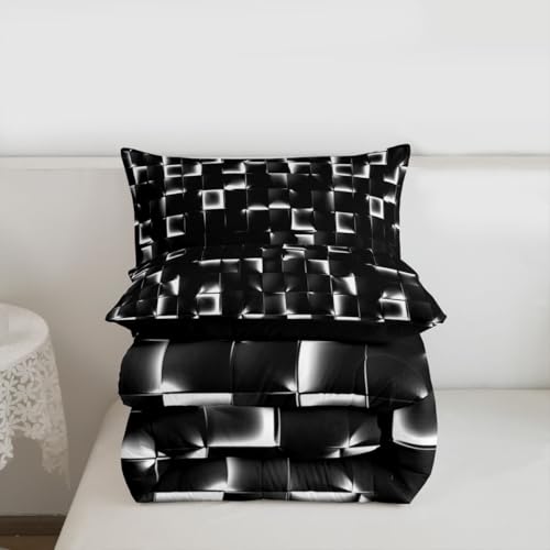 Image of Erosebridal Geometric Checkered Comforter Full Size Neon Black White Comforter Set for Kids Teen Men Gamer Room Decor,Abstract Ombre Plaid Bedding Set Grids Quilt Duvet