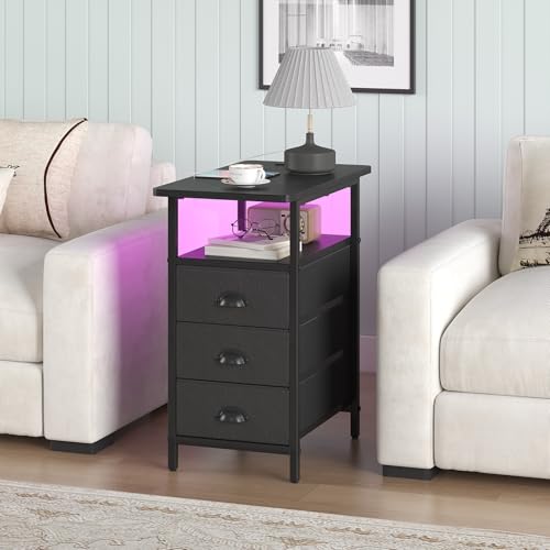sthmec End Table with Charging Station,LED Side Tables with USB Ports and Outlets,Narrow Nightstands Bedside Tables with 3 Drawers PU Finish for Small Space,Slim Sofa Table for Livingroom,Black by sthmec - Image 2