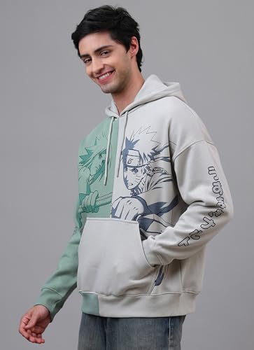 Image of Free Authority Official Naruto & Sasuke Anime Printed Off White & Green Oversized Hoodie for Men