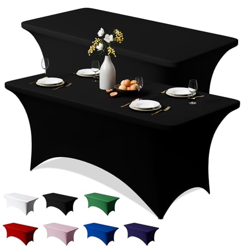 Trlyc 2 Pack 6FT Spandex Table Cloth - 72 x 30 Inch Rectangular Stretch Tablecloth, Wrinkle Resistant Scretch Table Cover for Wedding, Party, Banquet, Picnic, Outdoor Decoration (2Pcs,Black)