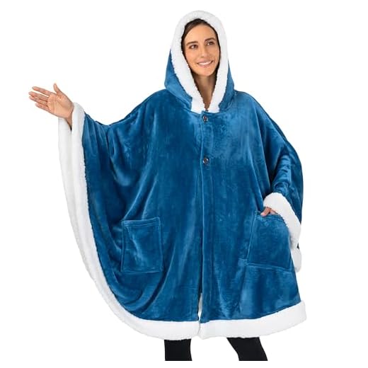PAVILIA Angel Wrap Hooded Blanket | Poncho Blanket Wrap with Soft Sherpa Fleece | Plush, Warm, Wearable Throw Cape with Pockets for Women Gift (Sea Blue)