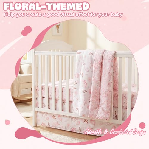 Image of Hahafelt 4 Pieces Crib Bedding Set for Girls and Boys, Soft Baby Bedding Set Including Crib Skirt, Comforter, Sheet and Diaper Stacker for Nursery(Pink Floral)