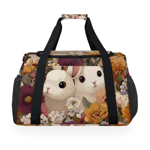 Bunny Colorful Flower Travel Duffel Bag Weekender Overnight Bags for Women Men Foldable Waterproof Tote Bag with Trolley Sleeve