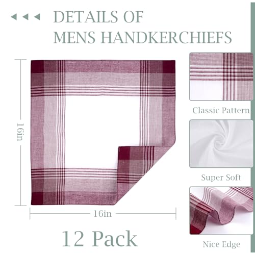 Image of PEASUG 12 Pcs Men's Handkerchiefs 16x16 Inch 100% Cotton Check Hankies | Soft, breathable & reusable, Reinforced stitching for durability, Classic style for suits & daily use