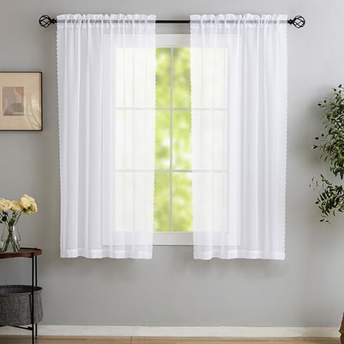 Image of MYSTIC-HOME White Sheer Curtains 45 Inch Long 2 Panels, Short Voile Drapes for Kitchen Dinning Small Windows, Light Filtering Sheer Curtains for Living Room Bedroom Bathroom, Rod Pocket, 40 inch Wx45 L