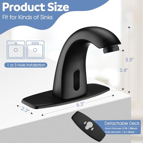 Image of Touchless Bathroom Sink Faucets, Automatic Motion Sensor Sink Faucet with Hole Cover Deck Plate, Commercial Sink Faucet for Bathroom (Black)