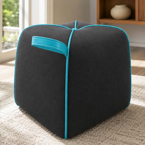 Image of FURNY Signature Regalia Suri Accent Pouf | Boston Fabric | 40D High-Density Foam | (Ash Grey with Ocean Blue Piping) | Footrest, Vanity Ottoman & Accent Seat for Home, Office & Hotel