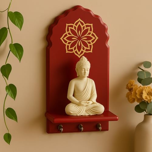 Image of Globally Indian Engineered Wood Keys Holder for Wall with Shelf | Mandala Design Key Stand Organizer for Home Entrance |Decorative Key Hanger for Wall, Entryway, Living Room |Floating Wall Shelf (Red)