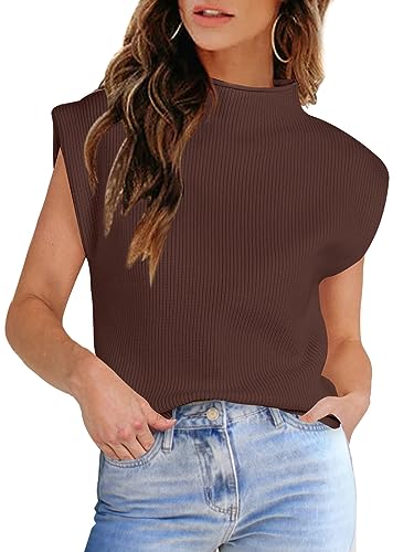 Image of Womens Sleeveless Sweater Vest Turtleneck Ribbed Knit Tank Tops Basic Slim Fit Top
