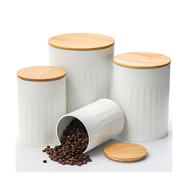 ZENFUN Set of 4 Metal Canisters Set with Bamboo Lids, Airtight Food Storage Containers for Kitchen Counter, Flour and Sugar Containers, Coffee Jars, White, 115/68/44/28 OZ