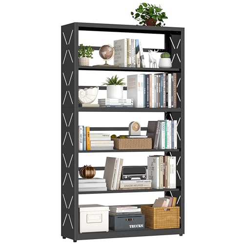 5 Tier Black Bookshelf, 55" H Tall Bookshelf with 5 Storage Shelves, Heavy Duty Deep Shelves, Open Shelf Bookcase with 5 Bookends, Modern Display Shel