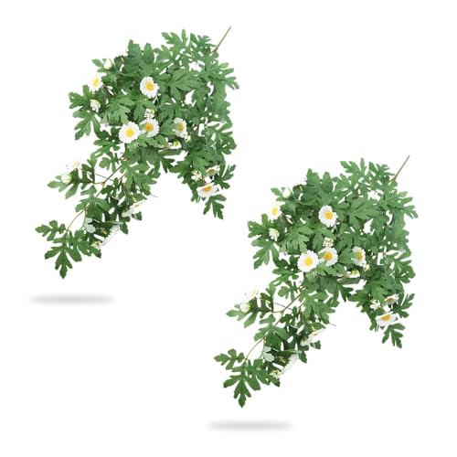 TIANLIN 2 Pezzi Piante Finte Cadenti, Lunghezza 60 cm Piante Artificiali da Interno, con Capolini Bianchi a Forma di Margherita, per Decorare Il Soggiorno, Il Balcone e La Camera da Letto