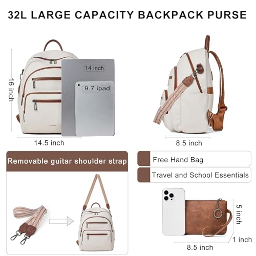 LATMAP Backpack Purse for Women Laptop Backpack, Leather Travel Back Pack Shoulder Bag Teacher College Daypack Work Handbag fits 14" Laptop, Beige — view 3