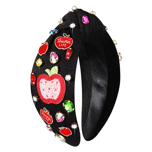 NVENF Teacher Headband for Women Teacher Accessories Crystal Pearl Knotted Headband Rhinestone Beaded Embellished Top Knot Hairband Back To School Outfits Teacher Appreciation Gifts (Style J)