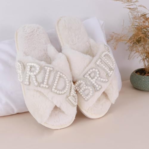 KEYUSHOP Bride Slippers for Wedding White Soft Women's Wedding Shoes Fuzzy Cross Band House Slippers Open Toe Bridal Shower Party3