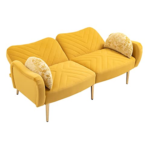 Sying88 Mid-Century Modern Loveseat Velvet Love Seat Sofa With 2 Bolsters Bedroom Apartment Home Office Ottoman Armrests Living Room Sofa 65 Inch Freestanding (Mustard) #TOP6