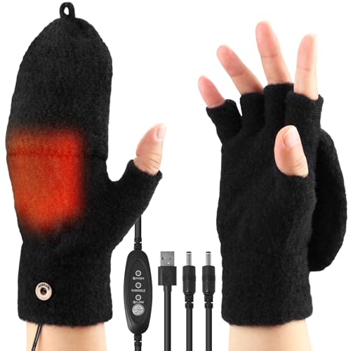 HQCM USB Heated Fingerless Gloves for Women Teenegar, 3 Levels Warming Heating Touchscreen Warm Soft Hands Knitted Thermal Mittens for Keyboard Gaming Typing Indoor Outdoor Cold Weather Winter Gift