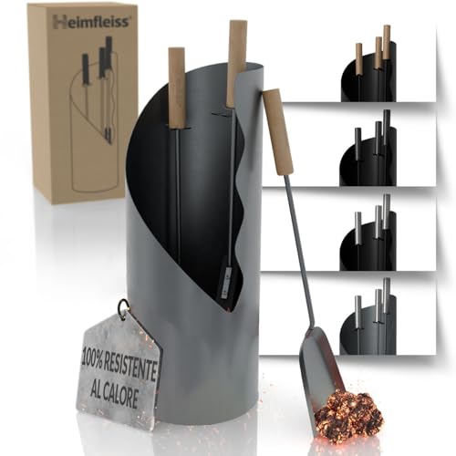Heimfleiss® Set Camino Grigio Moderno | Attrezzi per Camino Set Camino | Kit Camino di Qualità con Attizzatoio, Spazzola-Paletta | Accessori Camino con Manici in Legno