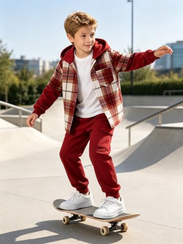 Image of 2Pcs Kids Boys Flannel Plaid Shirt Tops Pants Set Hoodie Sweatsuit for Fall Winter Spring Outfits 4-12 Years