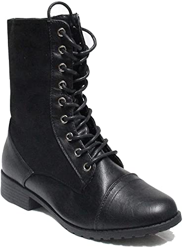 Image of Forever Link Womens Round Toe Military Lace Up Knit Ankle Cuff Low Heel Combat Boots