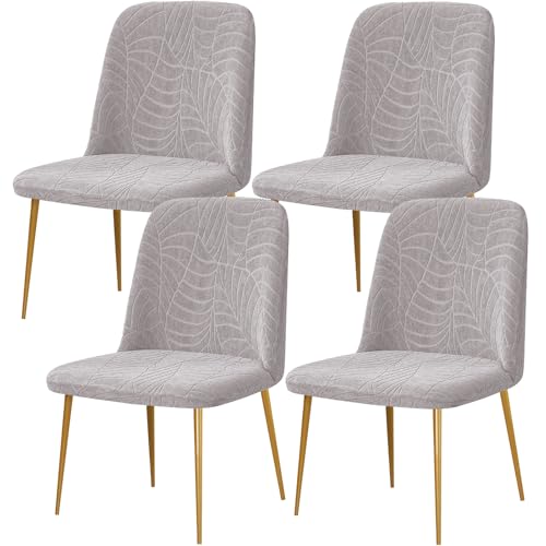 Gollense Curved Back Chair Covers for Dining Room, Water-Resistant Mid Century Modern Chair Slipcovers, Semi Circle Back Chair Seat Protector for Kitchen Living Room (4PCS, Leaf-Light Grey)