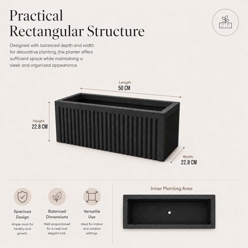 Image of Go Hooked Rectangular Planter Pot (20x9) Inch | Grey Ribbed Design Plastic Flower Pot for Indoor Outdoor Balcony Garden Window Railing Patio | Polymer Decorative Plant Container