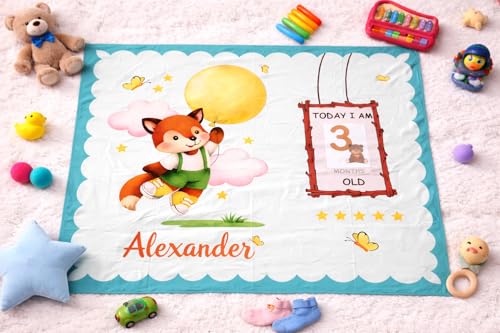 Image of Growth Keepsake Baby Blanket 51 * 43 Inch Fox Theme Custom Name Newborn Monthly Age Marker Blanket Cute Fox Print Background Soft Washable Infant Play Mat