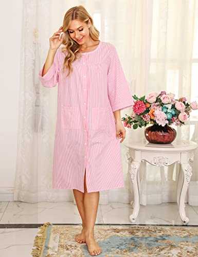 Image of Bloggerlove House Dress Women Cotton Snap Front Nightgown 3 /4 Sleeve Housecoat Duster Robe with Pockets Moomoo Patio Dress