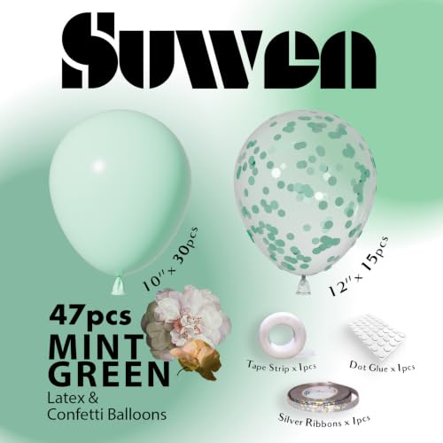 Image of SUWEN 47PCS Mint Green Latex and Confetti Light Pastel Green Balloons Set | Light Pastel Green Helium Balloon for Birthday Anniversary Gender Reveal Party Decorations
