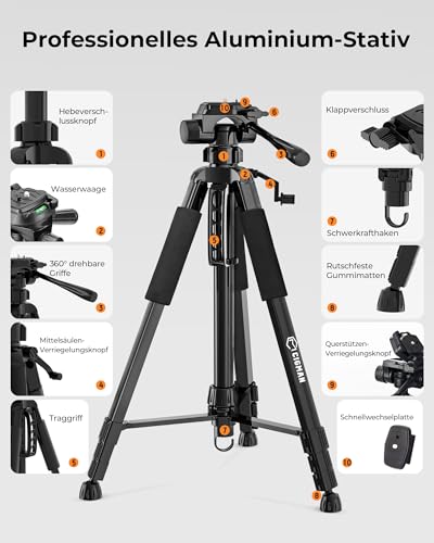 Stativ Laser, CIGMAN 1,5m-Aluminium-Verstellstativ Baustativ für Laser und Kameras mit 3-Wege-Schwenkkopf und Blasenebene, 1/4-Zoll-20- und 5/8-Zoll-11-Gewindeadaptern, (CTP01)