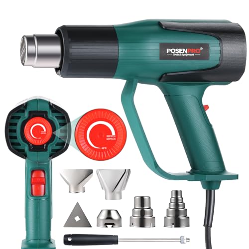 POSENPRO Pistola ad Aria Calda Professionale, Pistola Termica 2000W, 60℃- 600℃ Temperatura Regolabile, Protezione da Sovratensione, Termosoffiatore Elettrica con 7 Accessori