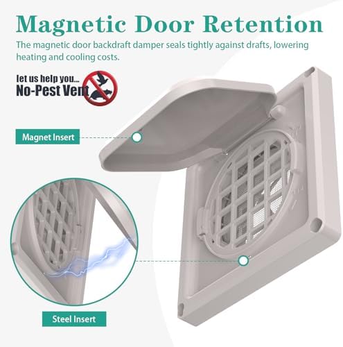 Dryer Vent Cover Outside 4 inch, Magnetic Door Design, Durable Airflow Vent with Lint Trap Screen, Thickened Material, 6 inch x 6 inch Size, Beige - 3