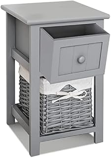 LIVIVO Grey Shabby Chic Style Wooden Bedside Cabinet Table With Matching Wicker Basket